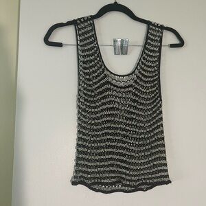 Black and White Cropped Sleeveless Metallic Beaded Mesh Tank Top
